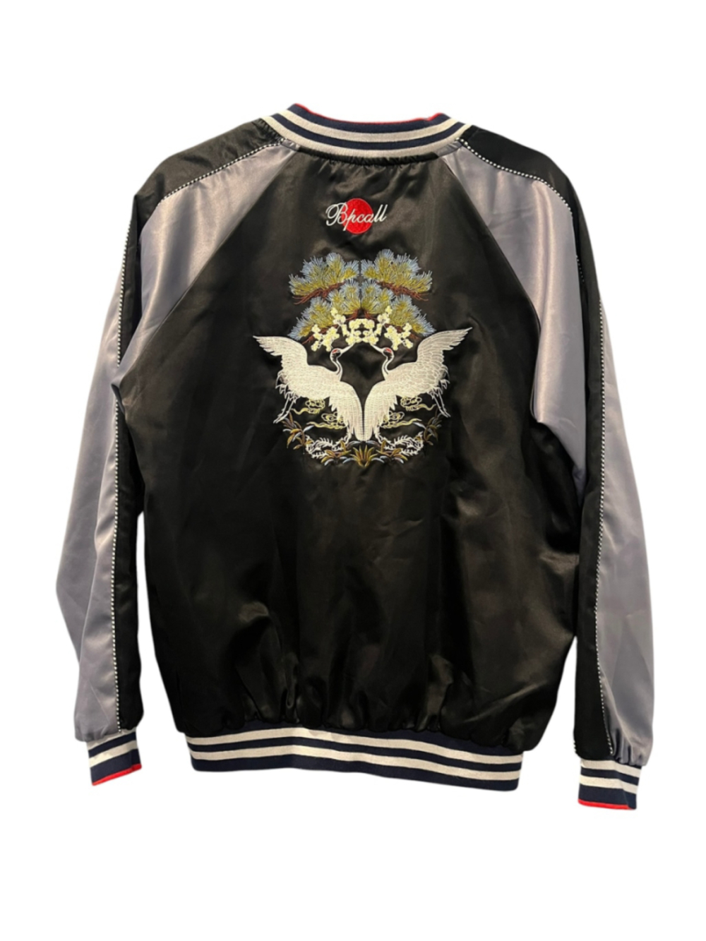 Vintage Style Japanese Sukajan Souvenir Jacket Crane Embroidery Black Satin XXL